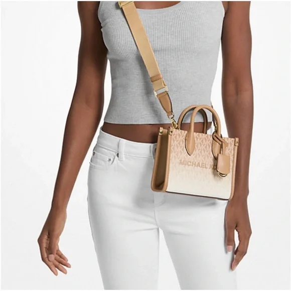 Michael Kors Mirella Extra-Small Ombré Logo Crossbody XBODY ShopperBag Camel NWT - Picture 2 of 16